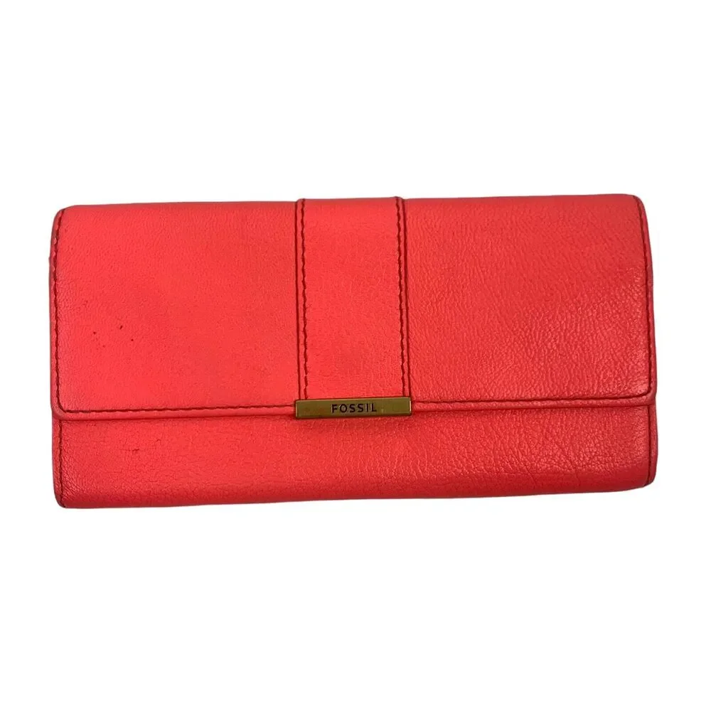 Fossil Wallet Hot Pink Pebbled Leather Checkbook Pockets Card Slots Pocketbook